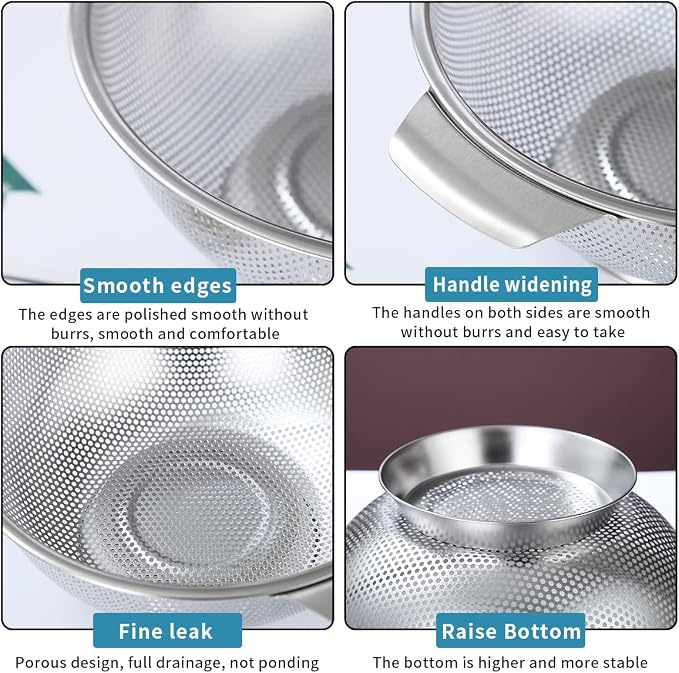 Kyraton Stainless Steel Colander 5 Quart, Professional Strainer with Heavy Duty Handles and Self Draining Solid Ring Base for Pasta, Spaghetti, Berry, Veggies, Fruits, Noodles, Salads Dishwasher Safe