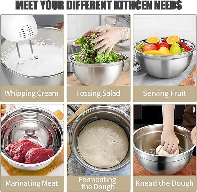 Mixing Bowls with Lids Set | Stainless Steel, 7 Sizes (0.7-4.5QT), with 3 Grater Attachments, Nesting, Dishwasher Safe (Khaki-7 Sizes)