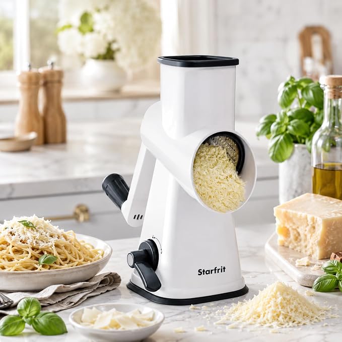 Starfrit Rotary Drum Grater, 4 Stainless Steel Drums, Slicer & Grater | 4 stainless steel drums. Slice, grate and shave ice. Easy hand crank. Strong suction base. Easy to clean.