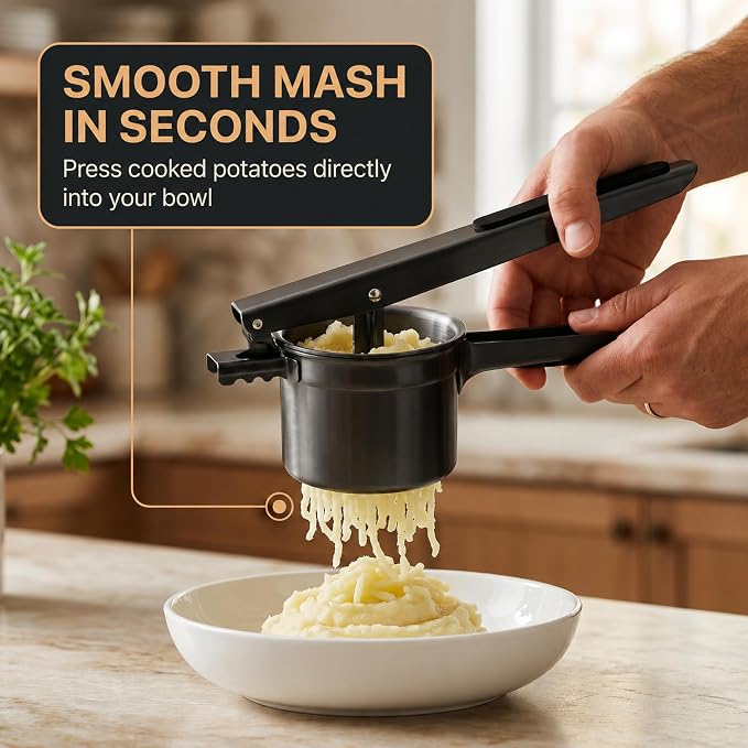 Potato Ricer Stainless Steel (15 oz, Black) - Heavy Duty Potato Masher with 3 Interchangeable Discs & Peeler - Easy Mashed Potatoes Kitchen Tool by Kovilo