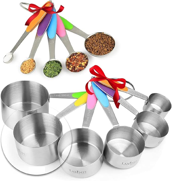 New Version! 11 Piece Measuring Cups And Spoons Set by Laxinis World | Sturdy Stainless Steel Stackable 6 Cups and 5 Spoons with Soft Silicone Handles to Measure Dry and Liquid Ingredients