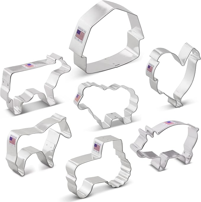 Ann Clark 7-Pc. Farm Animals Cookie Cutter Set, Made in USA, Cow, Pig, Sheep, Rooster, Horse, Barn, Tractor
