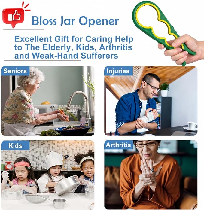 Bloss Jar Opener Bottle Opener for Seniors, Weak Hands and Arthritis,Green | Anti-Slip Rubber Strip Inside,Eight Sizes of Circular Openings,Cap and Bottle Great Kitchen Gadgets,Useful Gifts for Elderly