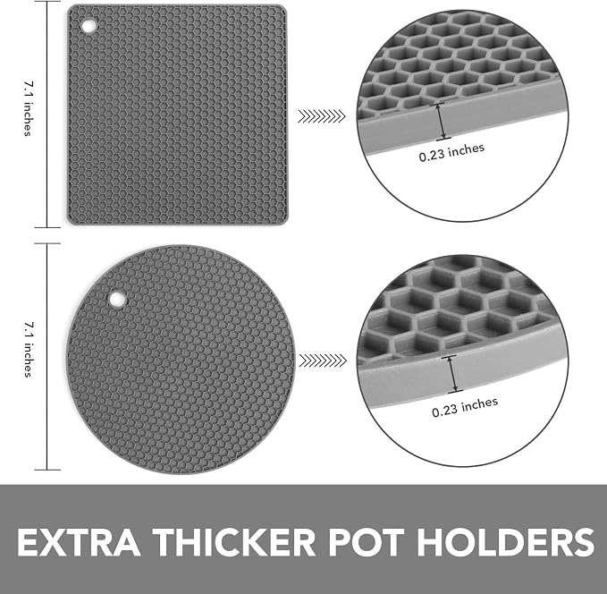 4 Pack Trivets for Hot Dishes | Hot Pads for Kitchen, Silicone Pot Holders for Kitchen Countertops,Table, Hot Pots and Pans, Easy to Wash and Dry, Grey