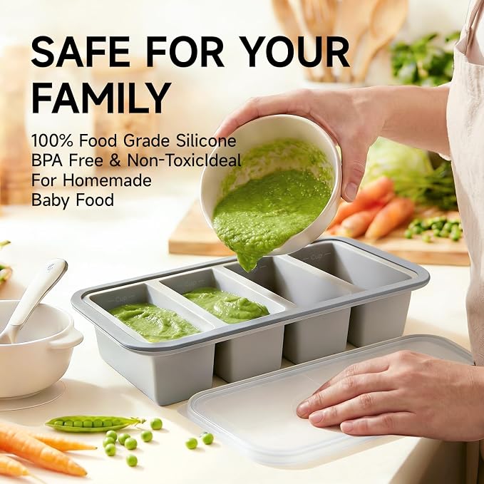 Tvmania 2-Pack Silicone Freezer Tray with Lid - 1 Cup / 4 Compartment Soup Freezer Container for Broth, Sauce & Meal Prep - Large Ice Cube Tray for Whiskey - Stackable, Easy Release, Oven Safe