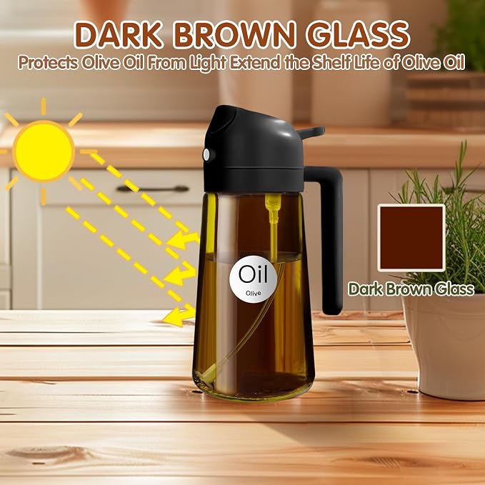 YARRAMATE 2PCS 16oz/470ml Oil Sprayer for Cooking (Black & White) | Food-Grade 2 in 1 Olive Oil Dispenser Bottle for Kitchen, Premium Dark AmberGlass Oil Bottle for Air Fryer, BBQ