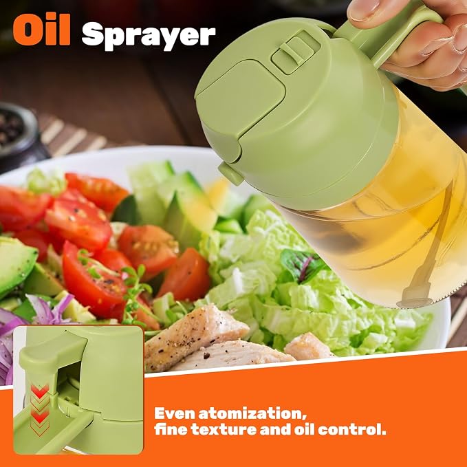 CJT 2 Pack Oil Dispenser Bottle for Kitchen, 2 in 1 Olive Oil Sprayer,16.5OZ/470ML Glass Oil Spray Bottle with Premium Nozzle for Cooking,Barbecue, Air Fryer, Salad(GREEN/WHITE)