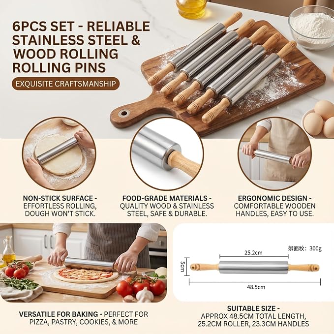 FOLAI 6-Piece Stainless Steel Rolling Pin Set with Wooden Handle, 18.9 x 1.96 inch, Non-Stick Surface, Children's Rolling Pin, for Baking Cakes, Pizza, Fondant, Cookies