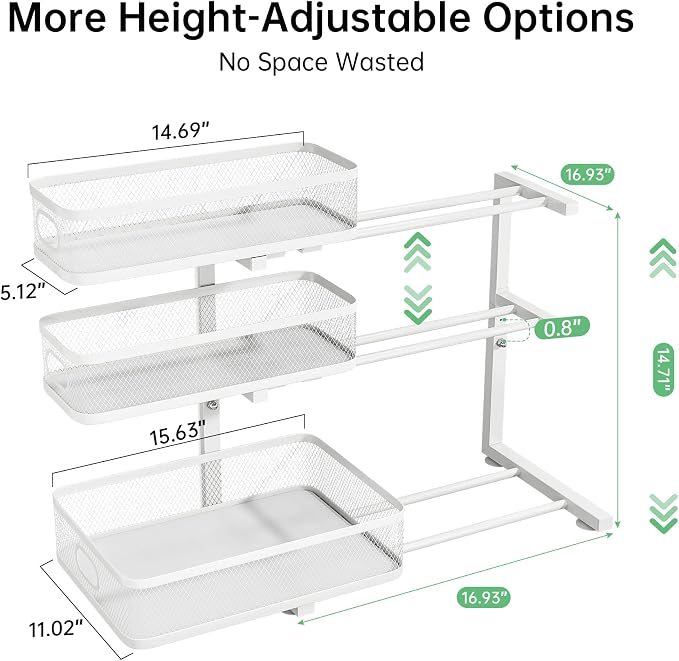 2-Pack 3-Tier Under Sink Organizer, Slide Out Cabinet Storage, Kitchen/Bath | 2-Pack Value Set, Height Adjustable, Carbon Steel Holds 60 lbs Each, Fits Kitchen & Bathroom Vanity Simultaneously