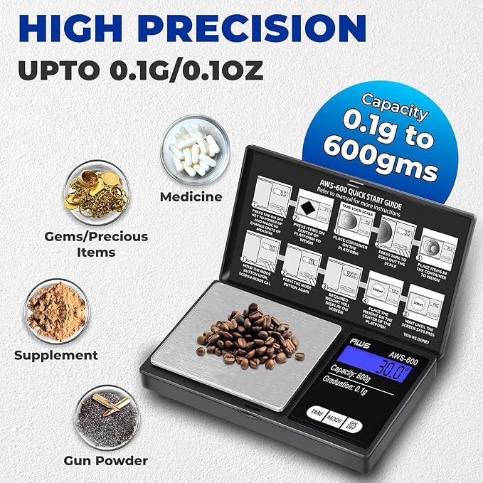 American Weigh Scales Digital Pocket Scale 600g x 0.1g with LCD Display Gram, Ounce, Carat, Grain for Coins, Jewellery, Gemstones, Metals, Kitchen, Food & Medicines – Black