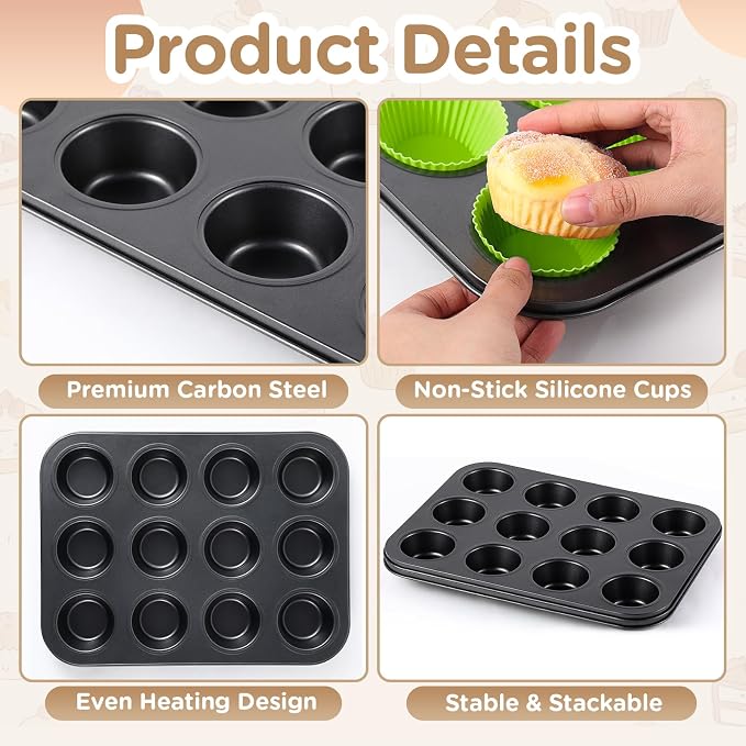 2 Set 12-cup Non Stick Carbon Steel Muffin Pan for Baking with 24 Reusable Silicone Liners, Non Toxic Cupcake Pan Muffin Tin for Easter Wedding Brownies Egg Bite, Easy to Pop(Green)