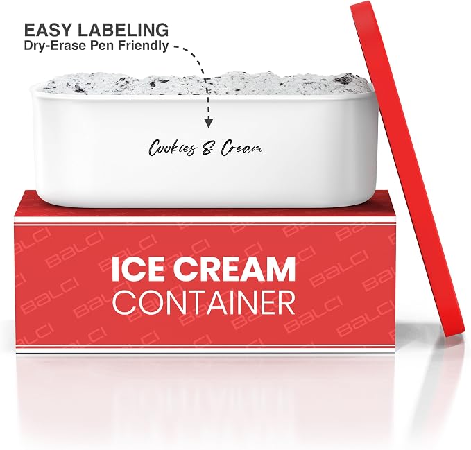 BALCI - Ice Cream Container - 2 Quart - Perfect Reusable Freezer Storage for Homemade Ice Cream Tubs for Sorbet, Frozen Yogurt and Gelato! - Flexible Silicone Lids, Long Scoop, Stackable - Red