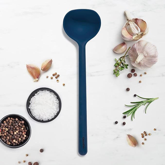 GreenPan Silicone Ladle, Soup Mixing Stirring Serving, Cooking Kitchen Utensil, Flexible Rubber Nonstick Cookware, Rigid Steel Core, Heat-Resistant, Anti-Slip Handle, BPA-Free, Dishwasher Safe, Blue