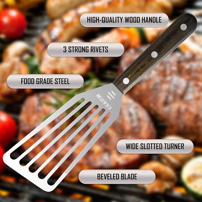 2 Pack Fish Spatula - Stainless Steel Spatula, Metal Spatula, Wooden Hdl | Kitchen Slotted Fish Turner/Spatula Set [ Large+Medium ] for Cooking & BBQ, Flipping Eggs, Burgers, Baking, Perfect Gifts