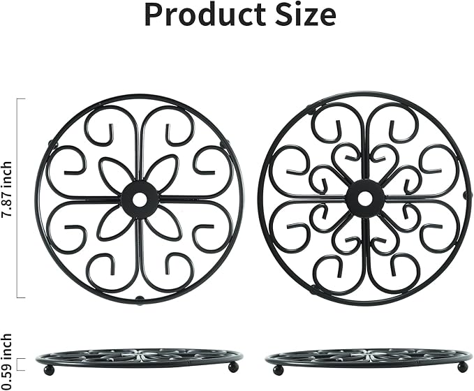 Iron Heart Trivets - Set of 2, 8 Inch Round, Black Heat-Resistant Iron Dish Plate Pot Pads for Kitchen and Dining Countertop Protection, Metal Plant Holder for Desktop Potted Plant、Small Green Plants