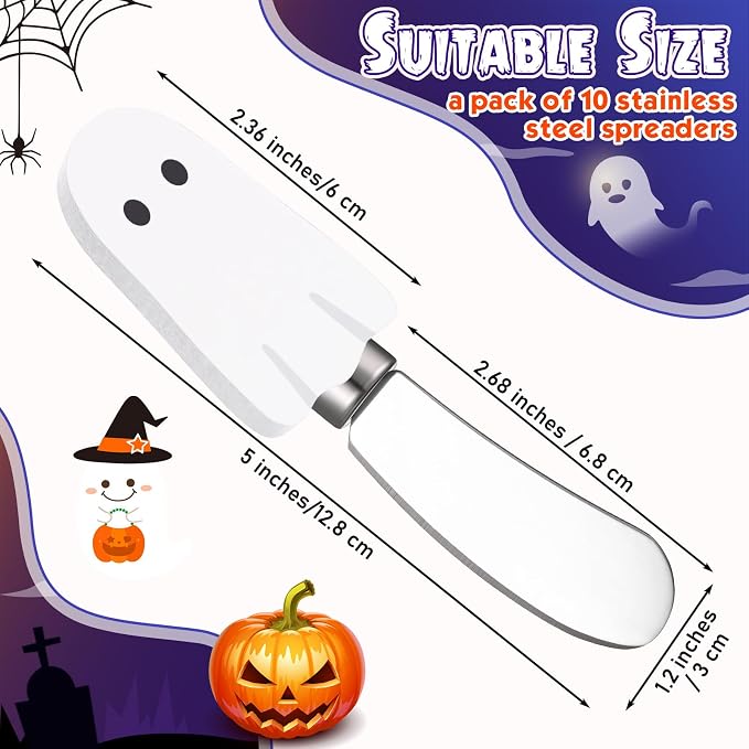 Sieral 10 Pcs Halloween Cheese and Butter Spreader Knives Ghost Cheese Spreader Butter Knives Multipurpose Halloween Decor with Hand Painted Wooden Handle Stainless Steel Blade