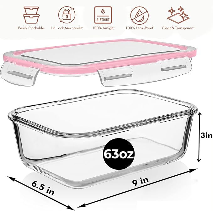 Razab 4 PC 1860ml / 63 Oz / 8 Cups Large Glass Food Storage Containers with Lids - Glass Meal Prep Containers for Roasting & Storing Leftover, Lunch Container with Lids, Microwave & Oven Safe