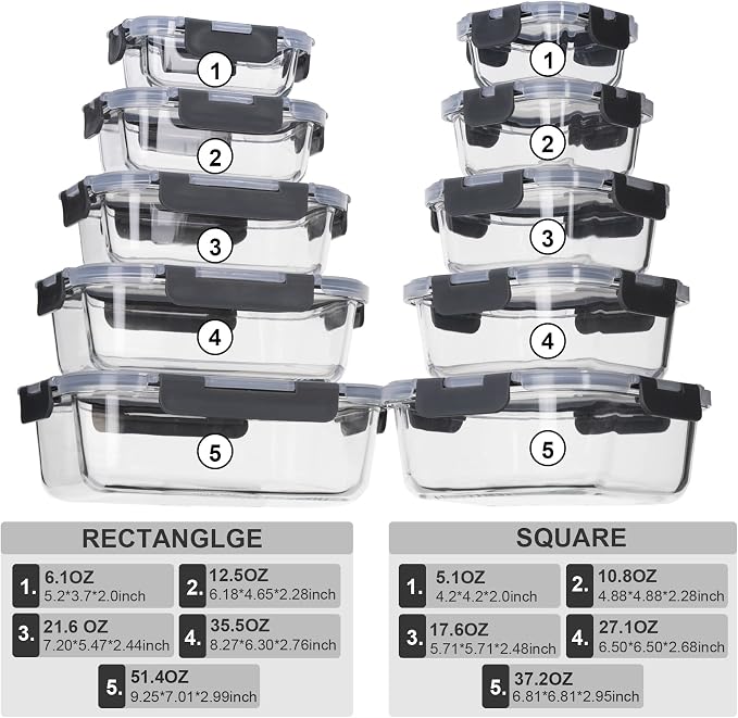 Glass Food Storage Containers with Lids Airtight, Glass Meal Prep Containers for Lunch Food, Container Set, Easy to Open& Close/Microwave,Oven,Freezer,Dishwasher Safe/Leak-Proof（20 Pieces）