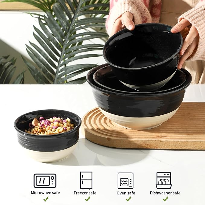HASENSE Nesting Ceramic Mixing Bowls Set of 4, 2.5/1.5/1.0/0.5 Qt Black & Beige Stoneware Bowls, Farmhouse Bowls for Cooking, Baking, Fruit & Holiday Serving, Dishwasher & Microwave Safe