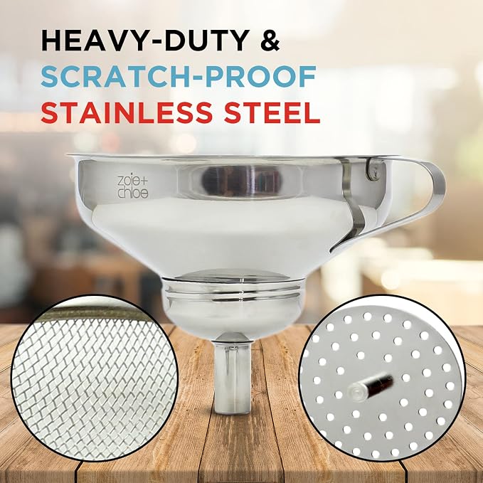 Zoie + Chloe 3-in-1 Stainless Steel Funnel Set - Kitchen Funnels with Detachable Fine Mesh Filter & Strainer for Filtering Herbs, Food Bits - Durable Stainless Steel - Ease to Use, Dishwasher Safe