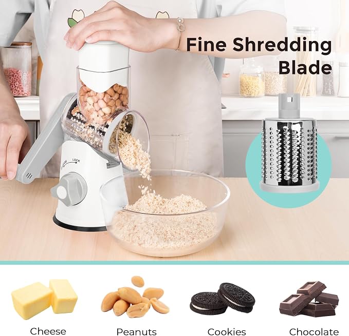 X Home Rotary Cheese Grater for Kitchen, Shredder with 3 Interchangeable Blades, Rotary Grater with Handle and Strong Suction Base, for Vegetables, Fruit, Nuts, Easy to Use and Clean, White