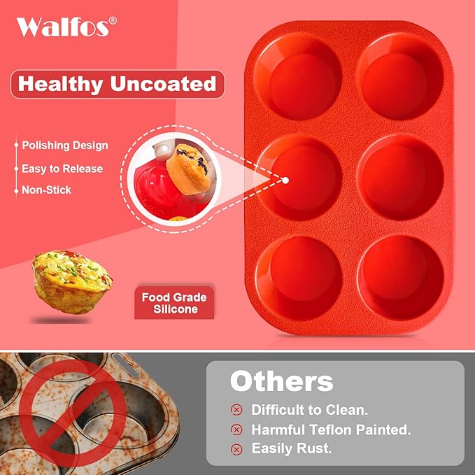 Walfos Silicone Muffin Pan - 6 Cup Non-Stick Silicone Cupcake Pan, Just Release! Food Grade and BPA Free Baking Cups, Perfect for Egg Muffin, Cupcake, Dishwasher Safe (2 Pack Muffin Pan)
