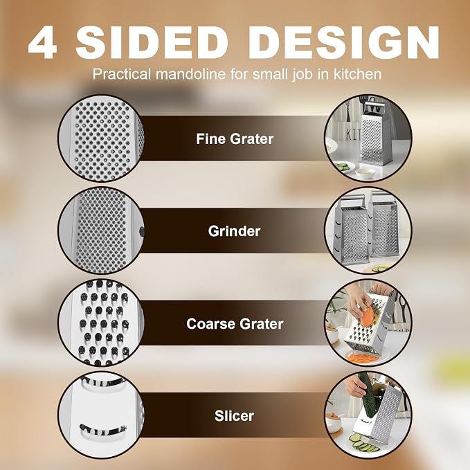 Handheld Cheese Grater Box for Kitchen, Stainless Steel 4 Sided Cheese Grater with Handle for Grinding Shredding & Slicing, Dishwasher Safe (Silver)