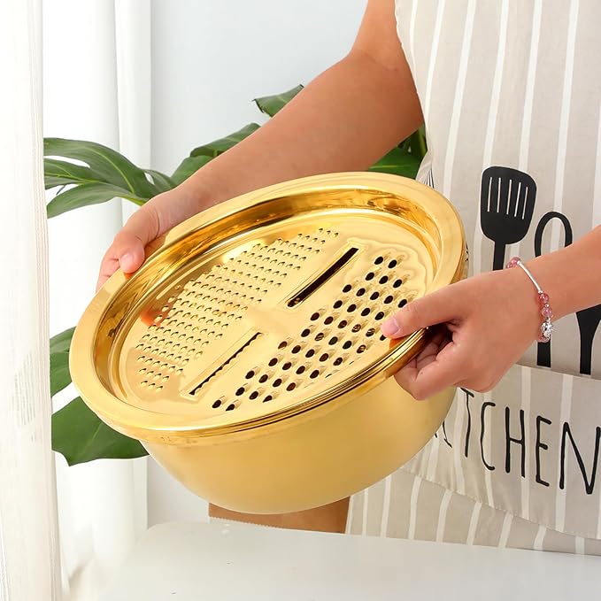 Meisha Colander, 3Pcs Stainless Steel Kitchen Tool 3 in 1 Drain Basket Fruit and Vegetable Cutter Strainer Bowl Set Drain Pot Basket Grater for Fruits Vegetables Rice Washing Mixing, - Iridescent