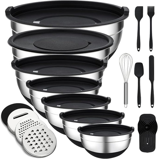 Unokit Mixing Blows with Lids Set - 7-Piece | Non-Slip Stainless Steel Nesting Mixing Bowls with Grater Attachments, Mixing Bowl Set for Multi Mixing & Serving