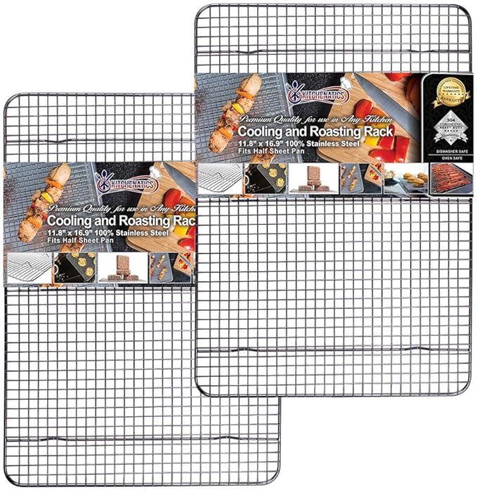 KITCHENATICS Half Sheet Cooling Rack Stainless Steel Oven Safe Set of 2 | Fits standard 13x18 half sheet pans for oven roasting, broiling, grilling, drying and baking sheet cooling