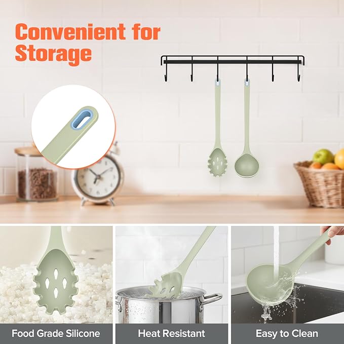 Silicone Spaghetti Spoon&Soup Ladle Cooking Utensils Set of 2,No Scratch for Nonstick Cookware,BPA Free, 450℉ Heat Resistant (Green)