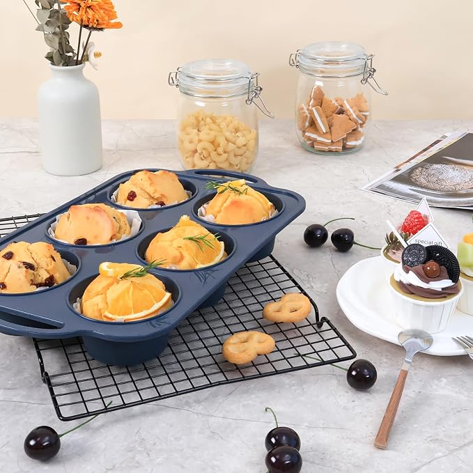 Jumbo Silicone Muffin Pan with Frame, Non Stick Large Cupcake Baking Tin | Silicone Cupcake Pan with Handles 6 Cup, BPA Free Silicon Muffin Tin Tray Extra Large for Baking Egg Bites Mold Vnray Grey