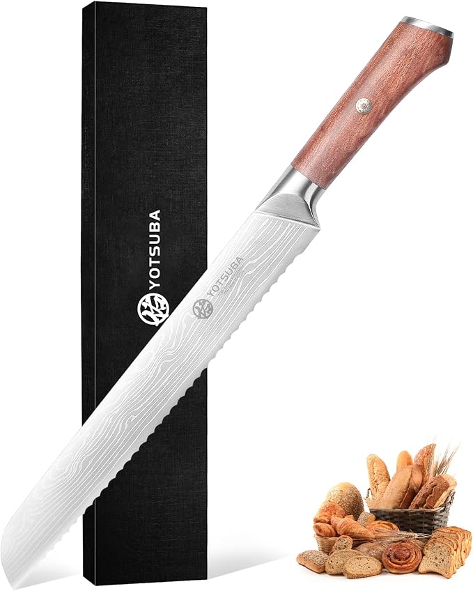 YOTSUBA 10" Japanese Bread Knife – Serrated Blade, High Carbon Japanese Stainless Steel with Natural Rosewood Handle, Perfect for Sourdough, Sandwich & Crusty Bread, Great Gift for Home Bakers