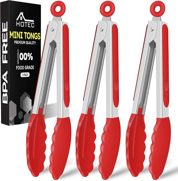 Hotec Mini Silicone Kitchen Tongs for Cooking - 7-Inch Small Serving Tongs with Silicone Tips, Set of 3 (Red)