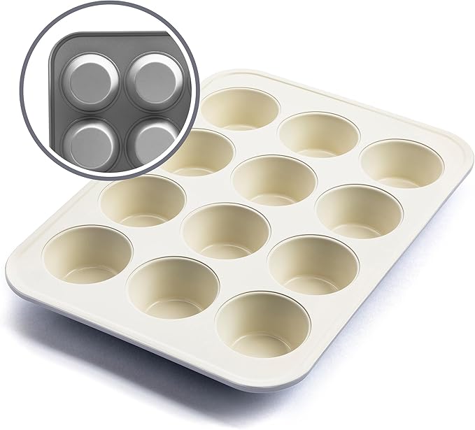 GreenLife 12 Cup Ceramic Nonstick Muffin Pan, Gray | 11.4" x 1.9" x 15.9", PFAS-Free Nonstick, Cupcake Tin, Easy Release, Even Heating, Wipe Clean, Heavy Duty, Warp Resistant