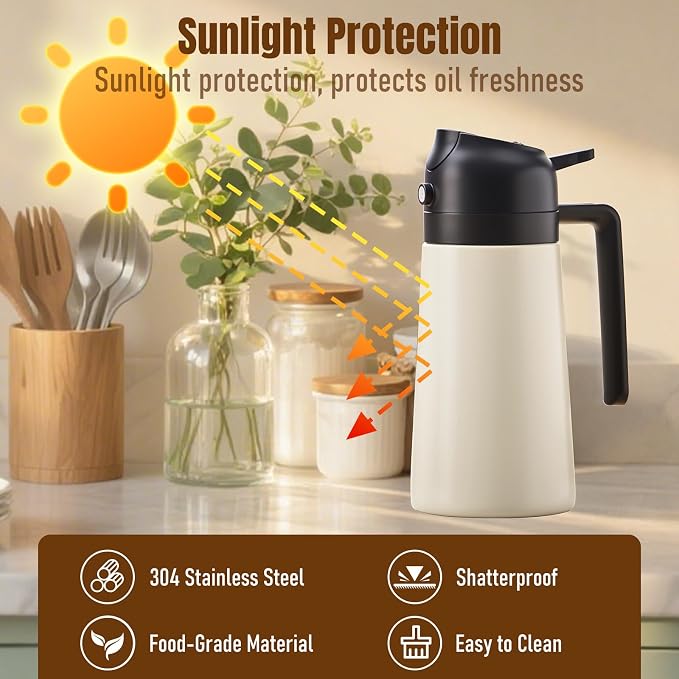 Baalaka Oil Sprayer for Cooking, Stainless Steel Dispenser, Black, 16 oz | Olive oil dispenser bottle sprays fine mist or pours smoothly; ceramic-coated inside for air fryer, BBQ, salads and baking.