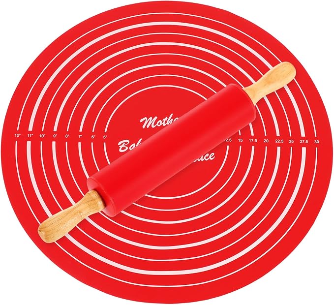 uxcell 6.7 Inch Silicone Rolling Pin and Pastry Baking Mat Set Small Dough Roller with Wood Handle for Pizza Pastry Fondant Home Kitchen, Red