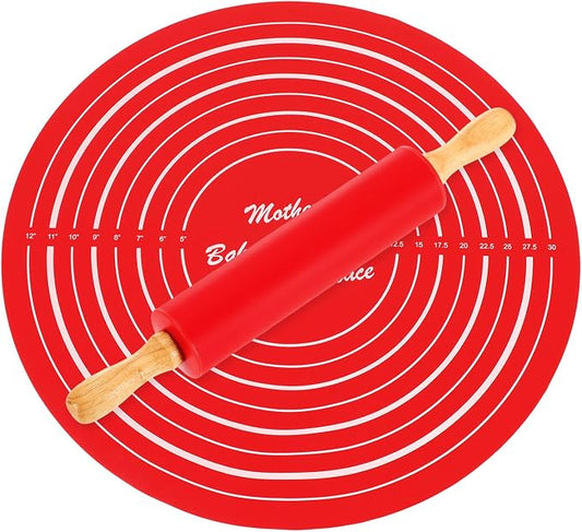 uxcell 6.7 Inch Silicone Rolling Pin and Pastry Baking Mat Set Small Dough Roller with Wood Handle for Pizza Pastry Fondant Home Kitchen, Red
