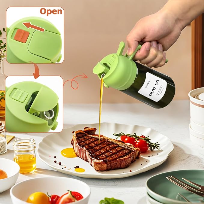 Olive Oil Sprayer for Cooking, 16oz Glass 2 in 1 Oil Dispenser Bottle | Light Blocking, BPA-Free Food Grade, Fine Mist Precise Control, Air Fryer BBQ Salad, Leakproof Anti-Clog, Pre-Printed Labels