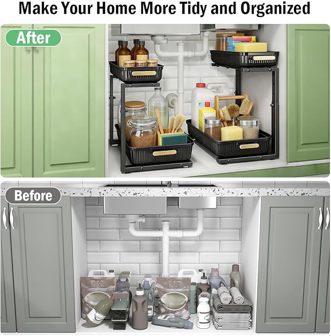 ARSTPEOE Under Sink Organizer - 2 Pack Multi-Purpose Pull-Out Storage Shelf | Slide out Pull out Cabinet Organizer Shelf, Storage for Kitchen Bathroom