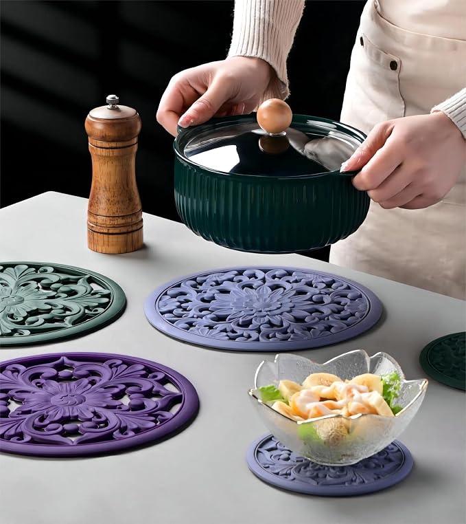 Black Silicone Trivets for Hot Dishes, Pots & Pans, Round Hot Pads for Kitchen, Silicon Trivet for Table Tops, Silicone Pot Holder for Countertops, Heat Resistant Mat Set 3