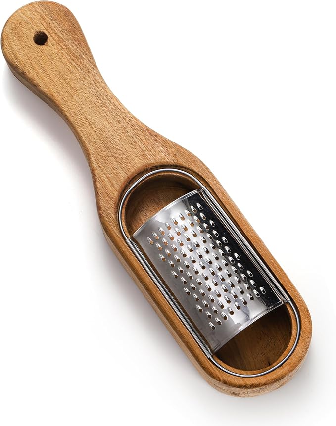 ZENFUN Removable SUS304 Stainless Steel Cheese Grater with Wooden Container, Acacia Wood Wooden Shredder, Citrus Zester, Perfect for Presenting Freshly Grated Cheese or Zest