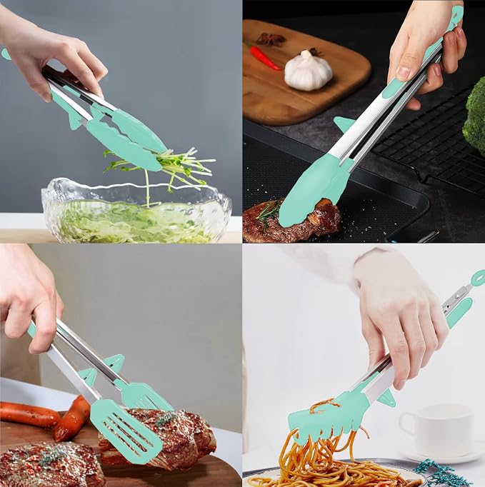 4 Pack Silicone Kitchen Cooking Tongs Set, Stainless Steel Nonstick Food Tong with BPA Free Silicone Tips for Serving Pasta Spaghetti Steak Pie Pizza Salad Vegetable Fruit Grilling BBQ Buffet 9" & 12"