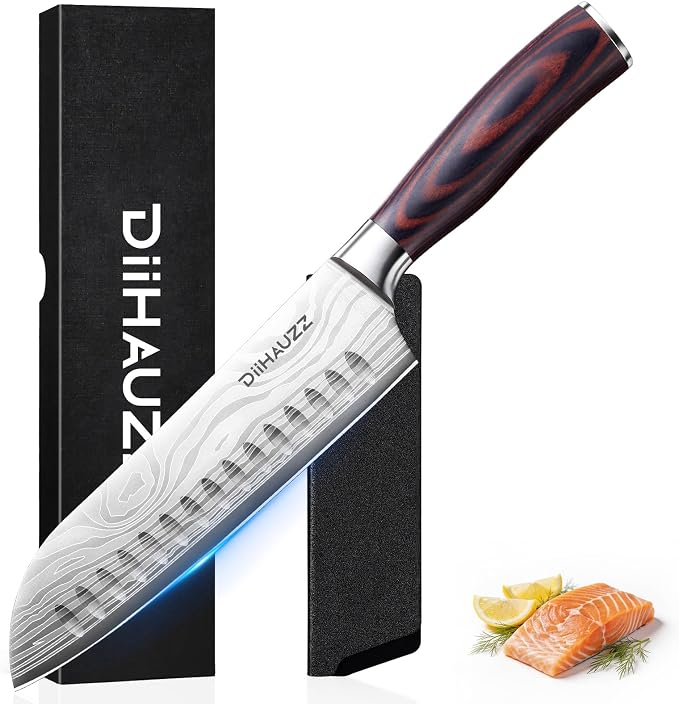 DiiHAUZZ Santoku Knife 7 Inch, Japanese Chef Knife with Ultra Sharp Hollow Edge, High Carbon Steel Forged Professional Kitchen Knives with Ergonomic Pakkawood Handle and Sheath, Gift Box