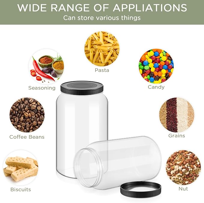 8 Pcs 1 Gallon Clear Plastic Jars Airtight Pantry Large Mouth Jars Plastic Jug Cylinder Containers with Lids for Candy Butter Honey Sugar Cookies Arts Crafts Bartender Kitchen (Black Lids)