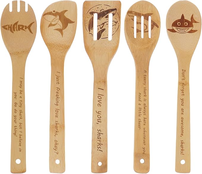5PCS Shark Wooden Cooking Spoons Set Bamboo Cooking Spoons | Shark Kitchen Decor Housewarming Wedding Anniversary Thanksgiving Christmas for Mom Women Ocean Lovers