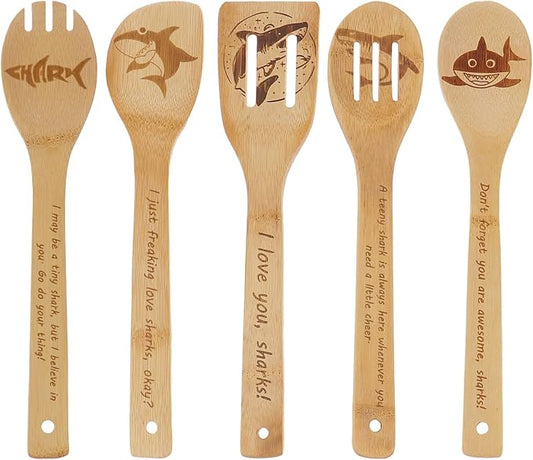 5PCS Shark Wooden Cooking Spoons Set Bamboo Cooking Spoons | Shark Kitchen Decor Housewarming Wedding Anniversary Thanksgiving Christmas for Mom Women Ocean Lovers