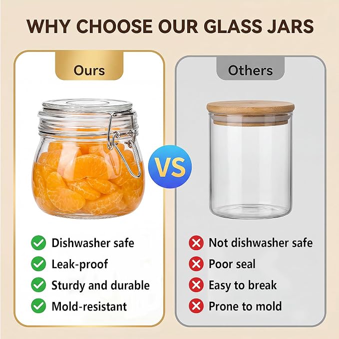6 Pack 17oz Glass Jars with Airtight Lids, Wide Mouth Glass Storage Jars | Mason jar, Small Airtight Food Storage Containers for Kitchen Pantry Organization, Jams, Nuts, Snacks, Spices, Coffee&Pickles