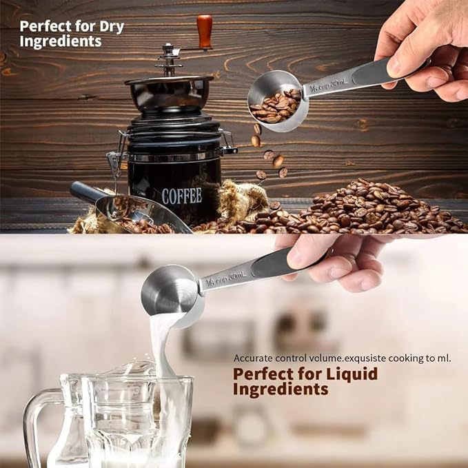 Measuring Cups and Spoons Set, Set of 10 Stainless Steel Measuring Cups and Spoons, with Silicone Handles, Stackable, Easy to Store for Kitchen, Cooking, Baking (Black)