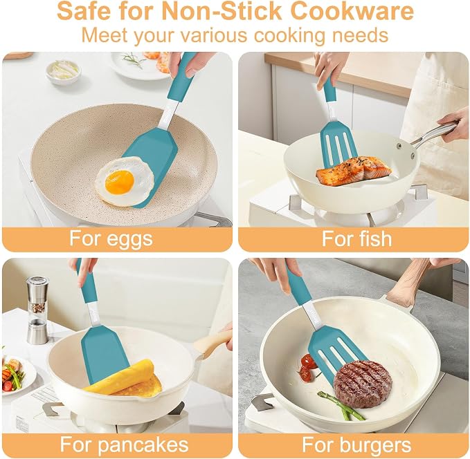 Beijiyi 2 Pack Silicone Spatula Set, Heat Resistant, for Nonstick Cookware | Flipping & Cooking, BPA Free, Flexible, Solid & Slotted Turner, Non-Toxic Kitchen Utensils, Non Scratch, Dishwasher Safe